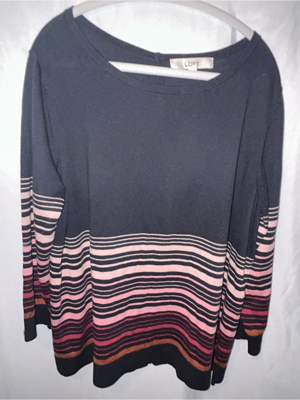 LOFT Navy 3/4 Sleeves Sweater with Pink, Burgundy & Tan Stripes